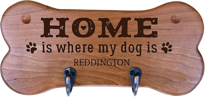 Rooms Organized Personalized Wall Mounted Small Cherry Dog Bone Pet Leash Rack,Dog Collar Holder New Home Decor Gift Ideas and 2 Hooks 11" L x 5.25" H 2.5" deep (Home is Where)