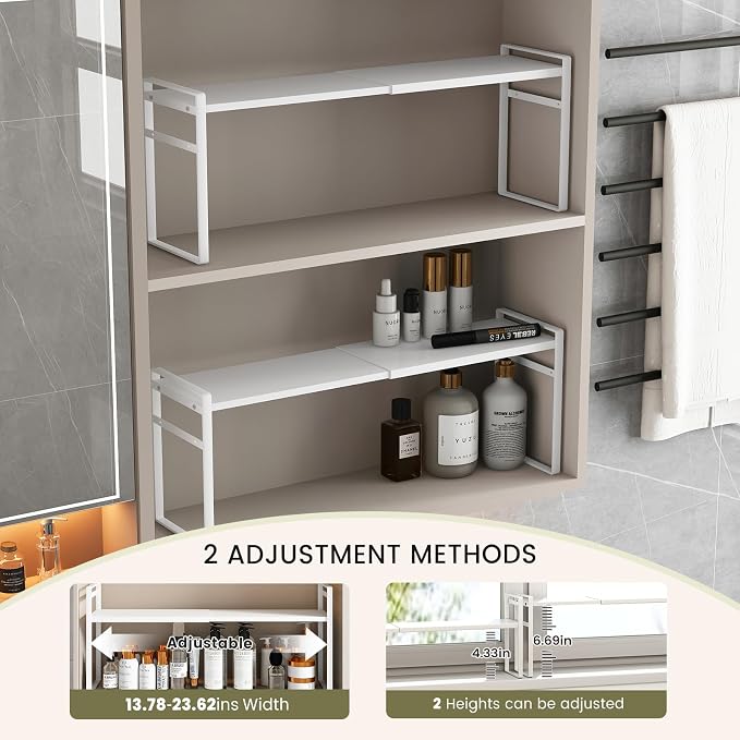 Expandable Medicine Cabinet Organizer, White | Narrow Stackable Storage Trays Holder for Bathroom Mirror Cabinets & Vanity, slim shelf for small spaces,Sturdy Load Capacity