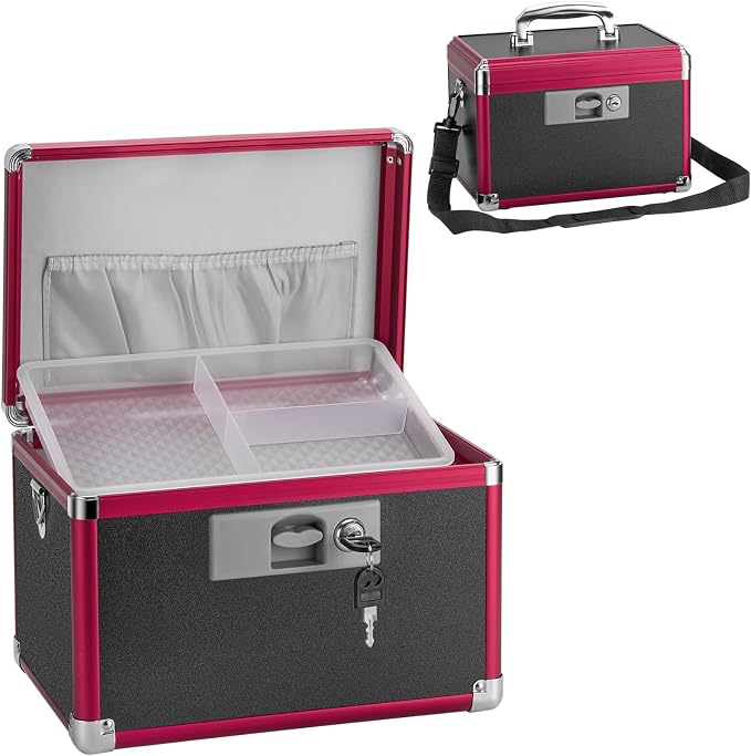 Medium Medication Lock Box with Key (11.2"x7.6"x7.6")- Childproof Aluminum Medicine Storage Safe for Prescriptions & First Aid - Secure Portable Pill Organizer for Travel, Home (Black & Red)