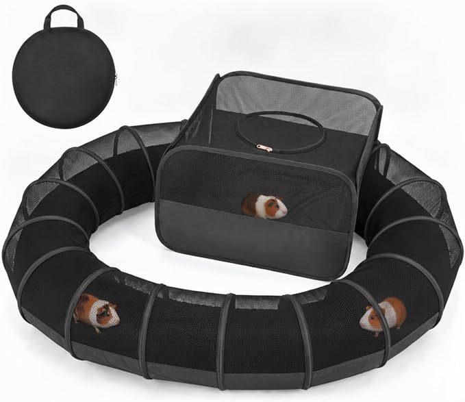 Lewtemi Guinea Pig Playpen with Tunnel 27.5x27.5x16.5 Inch, Breathable Mesh Rabbit Playpen for Bunny Hamster Ferret Chinchilla, Foldable Small Animal Enclosure Indoor Outdoor with Carry Bag, Black