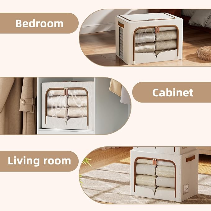FHSQX 6 Pack Clothes Storage Bins, 70L,Cream White, 19.7x15.7x13.8 inch | Metal Frame,‎Portable, Large Clear Window, Stackable, Durable Handles, Foldable