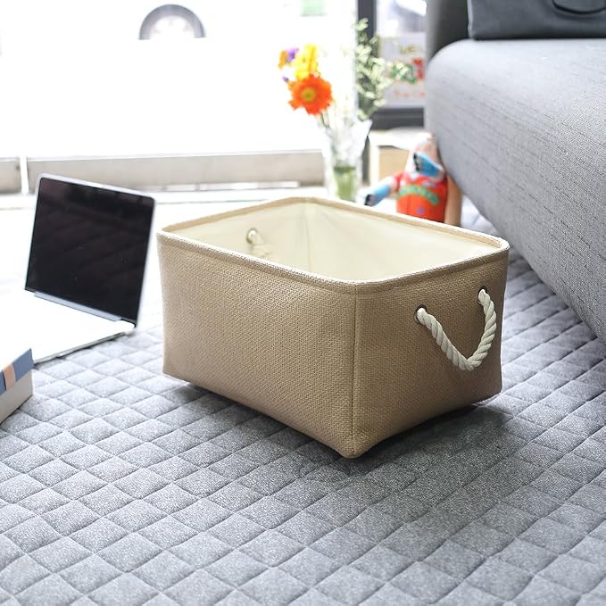Decorative Basket Rectangular Small Storage Basket Fabric Storage Bin Organizer Basket with Handles for Clothes Storage (Beige, 11.8L×7.9W×5.2H inch)