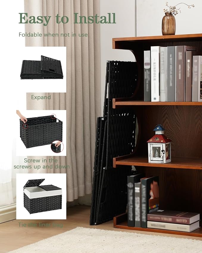 SETVSON Storage Basket with Lid, 2-Lid PE Rattan Storage Bin, Black | 9.2 Gal Decorative PE Rattan Furniture Look for Bedroom, 2 Separate Lids, 2 Liners with Divider for Apparel & Essentials