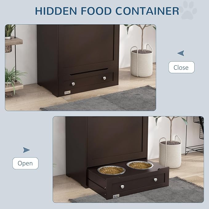 PawHut Dog Feeding Station with Raised Bowls, Pet Feeder Station, Brown | Dog Food Storage Cabinet, Hanger for Feeding & Watering Supplies