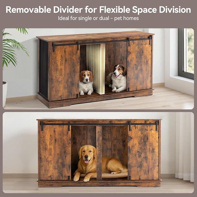 Dog Crate Furniture for 2 Dogs, 60.6 inch Extra Large Wooden Dog Kennel Furniture with Removable Divider and Double Sliding Doors, TV Stand, Side Table, Brown