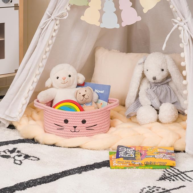 Small Woven Rope Cat Toy Basket with Cat Face Design, Pink | 9.8" x 4" Cute Toy Storage Bin for Girls' Living Room & Nursery, Baby Gift Baskets Empty with Sturdy Handles