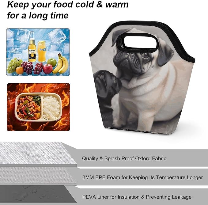 Cute Pet Pug Lunch Bag Cooler Bag Tote Bags | Reusable Portable Lunch Box for Women/Men Lightweight Soft Cooler Bags Organizer for Adults Work Travel Outdoor