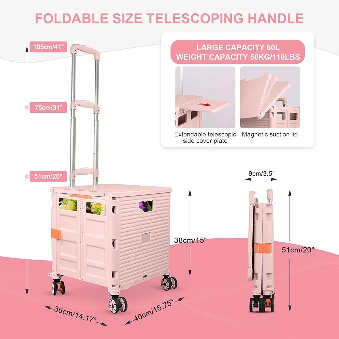 FELICON SELORSS Folding Utility Cart Portable Rolling Crate Handcart-Pink | Magnetic Sliding Lid,Telescoping Handle,Plastic Box Dolly,360°Swivel Wheels for Travel Shop Move Laundry Office Teacher Use