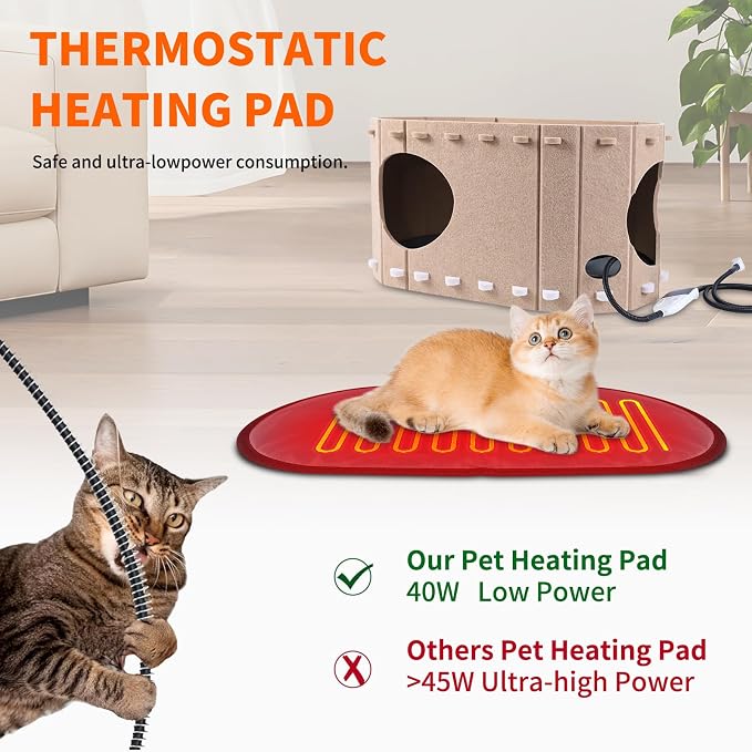 Largre Heated Cat House for Indoor & Outside Cats,Heated Pet Bed with Timer & Temp Adjustable Heating Pad for Indoor Kitty, Scratch Resistant Caves（23 * 12 * 13inch）