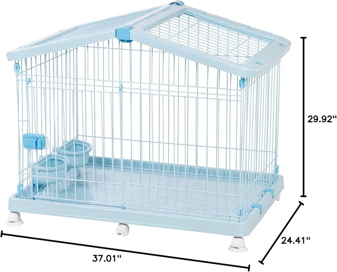 IRIS USA, Inc. Wire Pet Crate Portable with Top Access and Wheels, Easy Assembly Movable Small Pet Crate with Food and Water Dishes for Cats Puppy Small Animals, Blue
