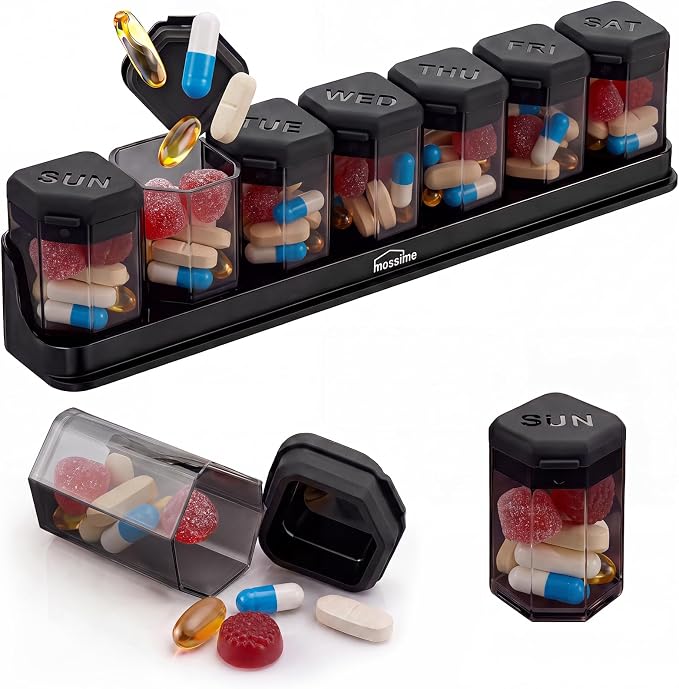 Medium-Large Weekly Pill Organizer 1 Time a Day, 7 Day Pill Box, Black | BPA-Free, Spill-Resistant, Detachable 1-a-Day Boxes, for Vitamins & Medication, Travel-Friendly, Velvet Pouch