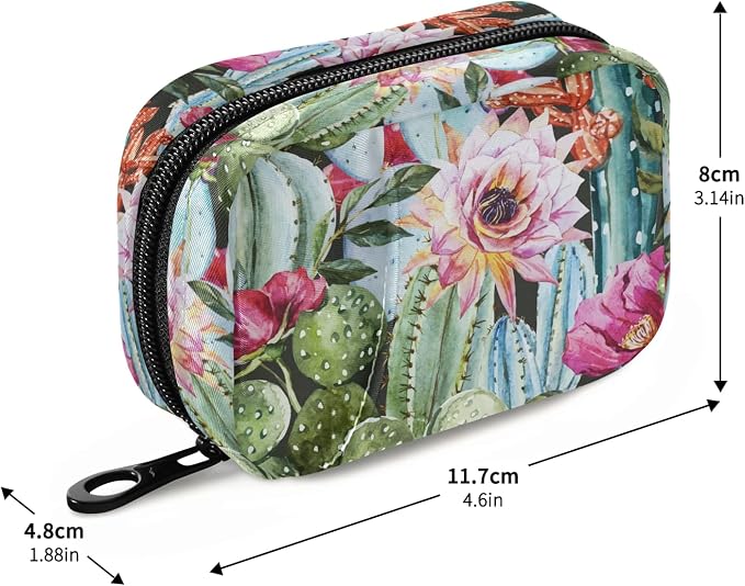 Watercolor Cactus Flower Pill Box 7 Day Pill Case Travel Pill Organizer Bag with Zipper Portable Weekly Case Compact Size for Vitamin Supplement Holder