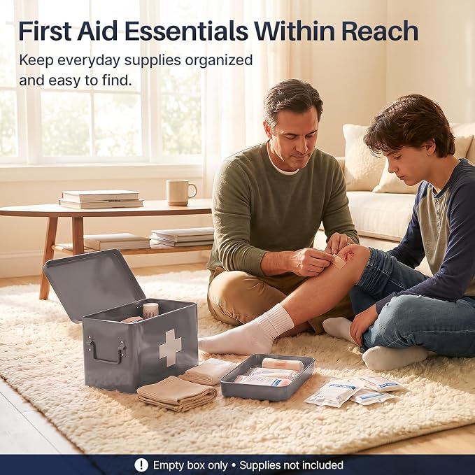 Flexzion Large Metal First Aid Box Empty, 13-Inch, Gray with White Cross | Vintage Medicine Box and First Aid Storage Organizer with Removable Tray and Dividers; Empty Box Only, Supplies Not Included