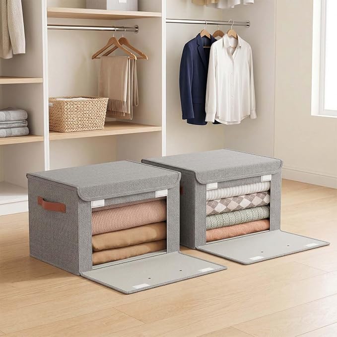 Tuza 2 Pack Storage Bins with Lids, Large Closet Storage Bins with Handles, Stackable Decorative Storage Boxes for Shelves Under Bed, Clothes Blankets Sweater Storage