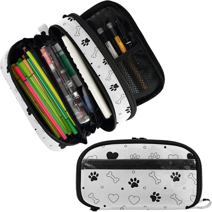 Pet Valentines Paw White print Large Capacity Pencil Case with Zipper Water Resistant Portable Organizer Pen Bag for Students Office School