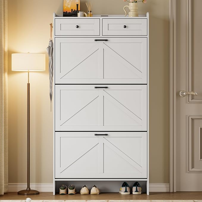 BORNOON Shoe Storage Cabinet for Entryway, Farmhouse Narrow Shoe Cabinet with 3 Flip Drawers & 2 Top Drawers, Adjustable Shelves & Hooks, Freestanding Hidden Rack Organizer for Hallway, Foyer