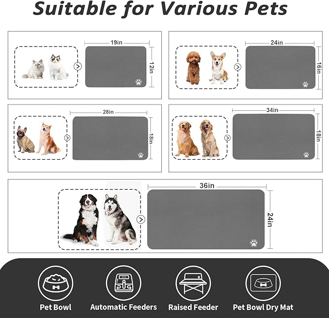 HotLive Dog Food Mat - Absorbent Cat Mat for Food and Water, No Stains Pet Feeding Bowl Mat, Easy to Clean Pet Placemats, Quick Dry Dog Water Dispenser Mat for Messy Drinkers | Paw Dark Grey 18"x 28"