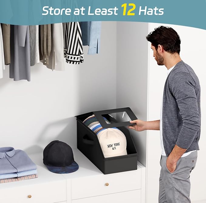 AOODA Stackable Hat Storage Box for Baseball Caps, Holds 12 Caps | Hat Organizer for Closet, Sturdy Hat Boxes for Men, with Cardboard, Space-Saving, Pure Black