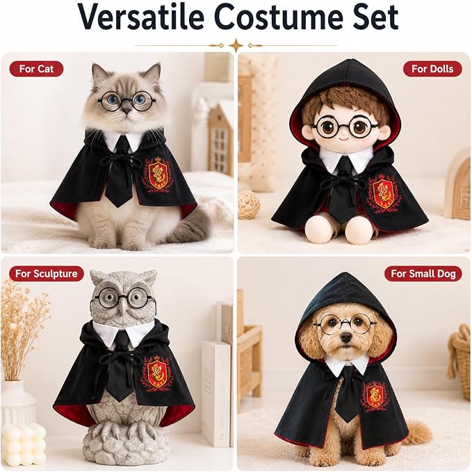 Dog Cat Halloween Costumes,3PCS Pet Dog Wizard Cape,Glasses & Necktie | Halloween Puppy Outfit for Small Medium Dogs Cats Set,Pet Academy Magician Cosplay Costume