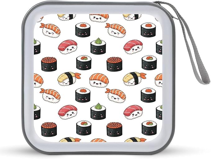 40-Disc CD/DVD Protective Case Kawaii Food Theme Japanese Sushi, Hard Plastic Binder with Zipper, Portable Storage Organizer for Travel Office