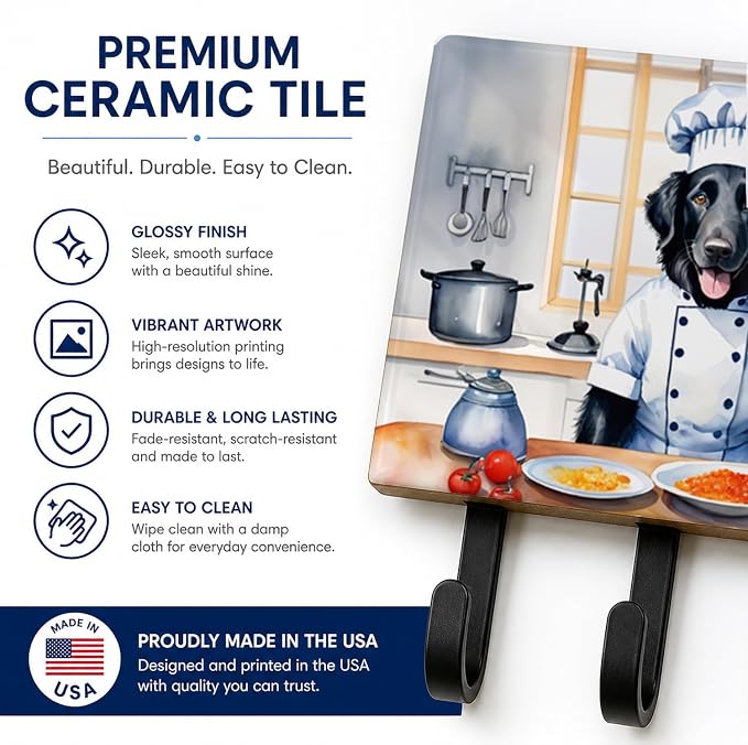Caroline's Treasures Flat-Coated Retriever The Chef Leash or Key Holder Wall Hooks, Key Hooks Holder, Coat Rack Wall Mount, Coat Hooks, Hooks for Hanging Keys, Towels, Aprons, Leashes | Flat-Coated Retriever The Chef artwork on ceramic tile with three ...