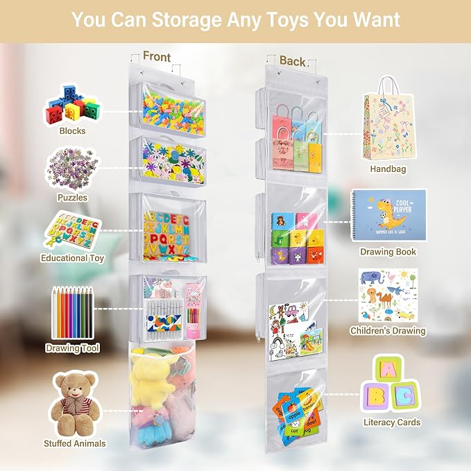 Over Door Toy Organizer, Hanging Stuffed Animal Storage with Removable Bags | White Toy Storage Case Behind Door for Block, Puzzle, Bi-Fold Closet Holder Idea with Mesh Pocket, Kid Boy Girl Nursery Room