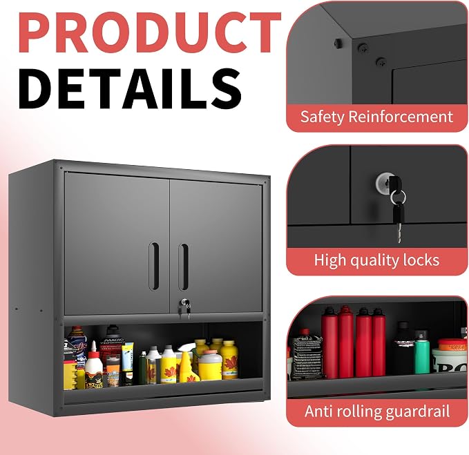 Garage Wall Cabinet with 2 Locking Doors and Shelf Metal Storage Cabinet | Wall Mounted Heavy Duty Steel Tool Cabinet Hanging Cabinet for Garage Warehouse Bathroom Kitchen,Assembly Required