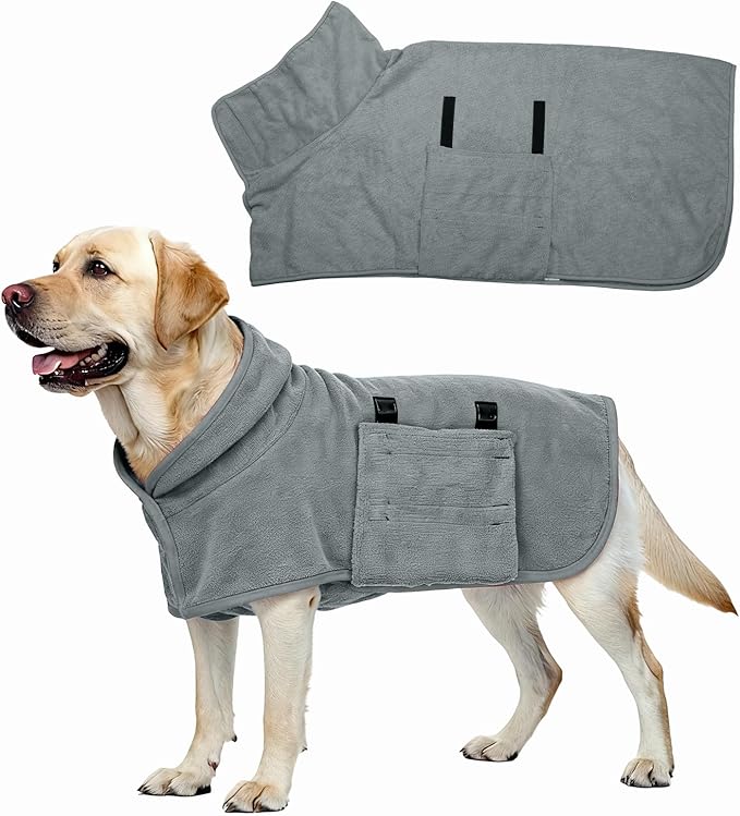 Dog Drying Coat, Dog Robes for After Bath Bathrobe Super Absorbent Towel Soft Adjustable, (XL, Gray), Intended for Fast Drying Warm Keeping Pet Cats Kitten Puppies
