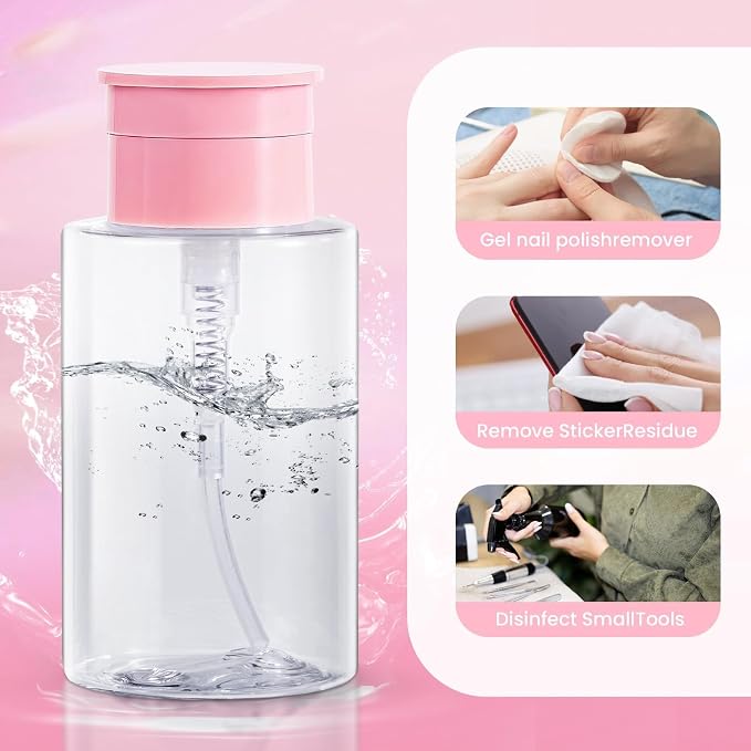 Nail Polish Remover Pump Dispenser, 2 Pack Acetone Safe ABS Bottle with Lockable Flip Cap - 200ml (6.8oz) Empty Push Down Container for Alcohol, Toner & Makeup Remover (Clear Pink, 200ml, 2 Pack)