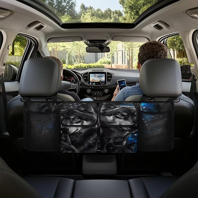 Wolf Theme Car Trunk Organizer for Women Men Car Back Seat Hanging Storage Bag Collapsible Auto Cargo Bag with 4 Large Pockets Auto Interior Accessories