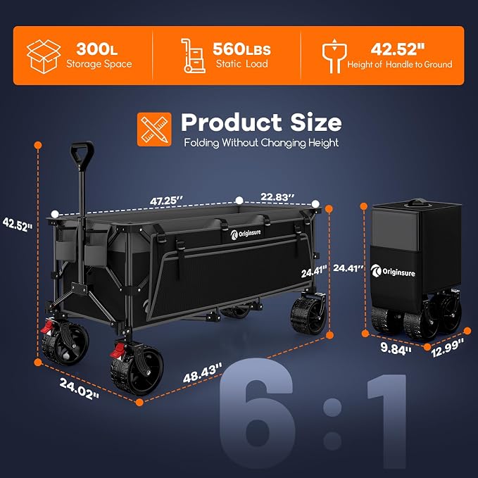 Originsure 300L Beach Wagon Cart Foldable with Big Wheels,560lbs,Grey&Black | 48" Folding Utility Wagon,7" All-Terrain Wheels,Heavy Duty Frame,Compact&Space-Saving,for Camping,Sports,Grocery,Garden