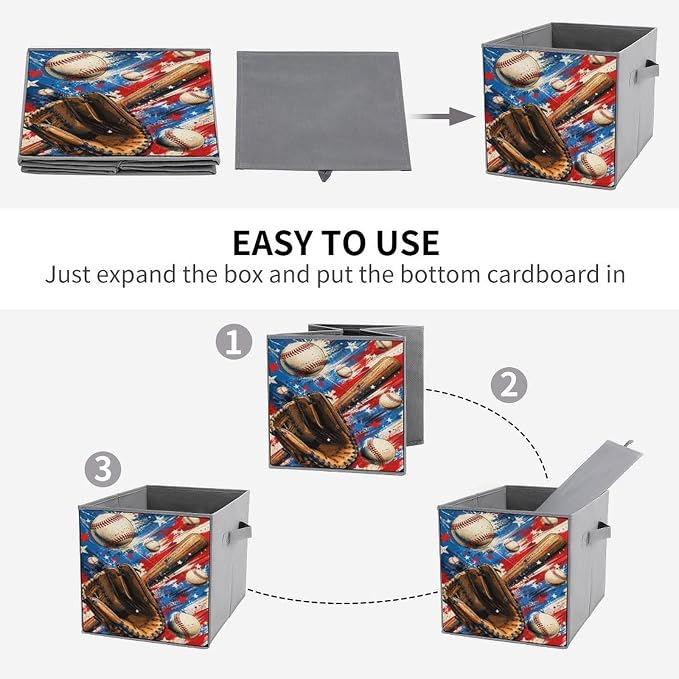 Baseball Glove Bat And Balls Storage Bin with Handles, Oxford Fabric Foldable Storage Cube Organizer for Clothes, Towels, Bedroom, Living Room, Home Organization