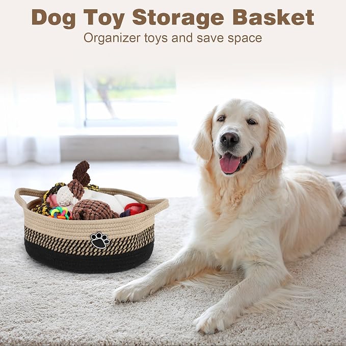 Optish Dog Toy Basket, Toy Box and Bin for Dog Cat Storage, 13.5" X 11" X 5" Small Woven Rope Basket for Baby Storage, Closet, Living Room, Brown & Black