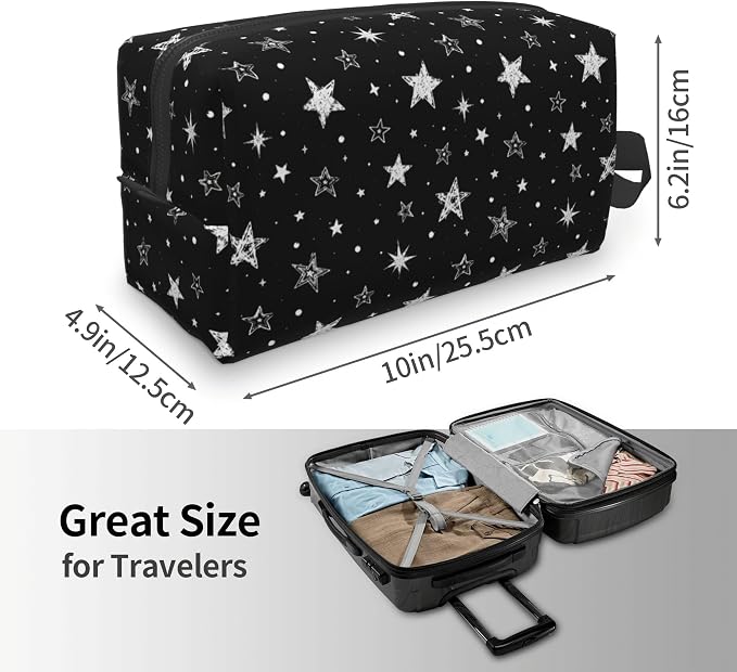 Cute Doodle Stars Makeup Bag for Women,Black Star Cosmetic Bag Travel Toiletry Pouch Aesthetic Zipper Organizer for Gym & Daily Use 10x6.2x4.9 Inch