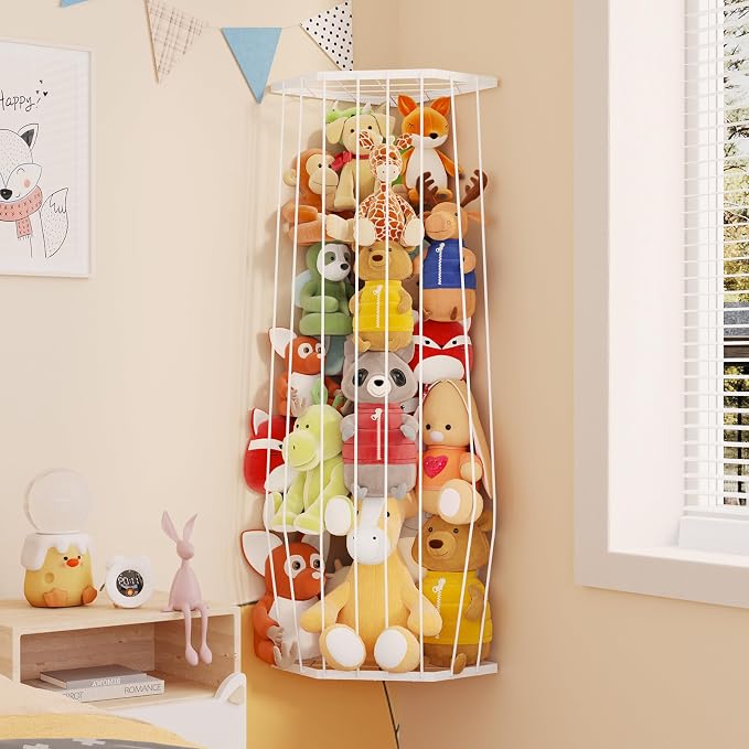 BBLlKE Stuffed Animal Storage Zoo - Corner Plush Toy Organizer Length Adjustable, Wall Hanging Stuffed Animal Net Holder for Nursery Playroom Bedroom Kids Room, White