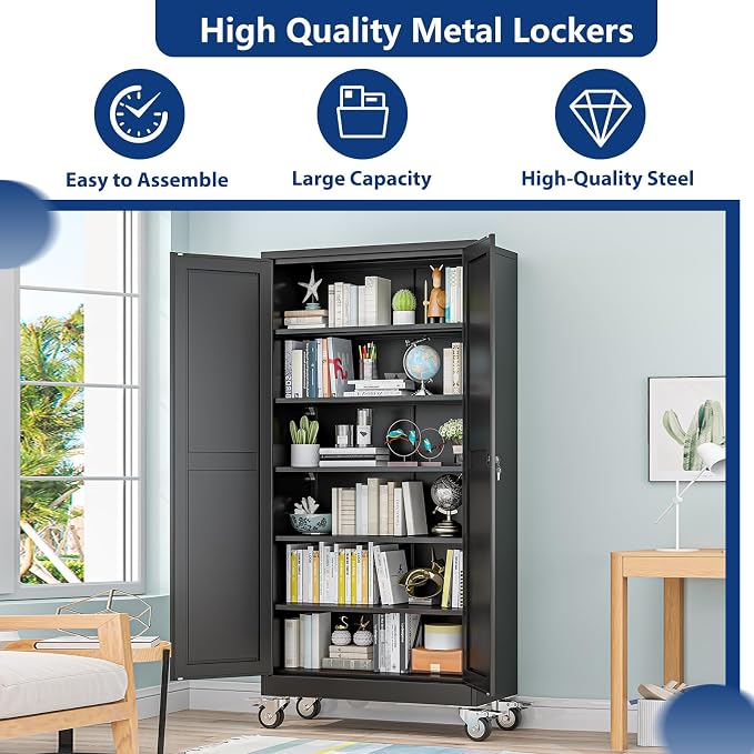 Ckzbx Metal Large Garage Storage Cabinet with Locking Doors and Adjustable Shelves,73.6" H Rolling Tool Storage with Wheels for Garage,Office (Black)