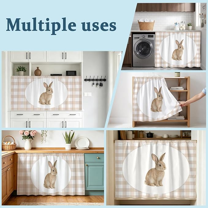 Rabbit Plaid Sink Skirt for Bathroom, Self-Adhesive Under Sink Curtain, Modern Farmhouse Checkered Rustic Animal Hide Pipes & Storage Fabric Cabinet Skirt Cover for Kitchen Laundry 32"x55"