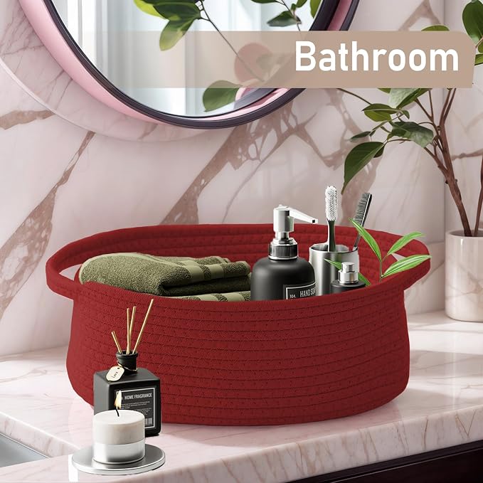 JMvicyroam Small Woven Basket, Empty Gift Basket, Red/2 Pack | Small Gift Basket, Cotton Rope, 12 x 8 x 22 in, Handles, Includes Ribbon and Bag, Birthday Gift Basket