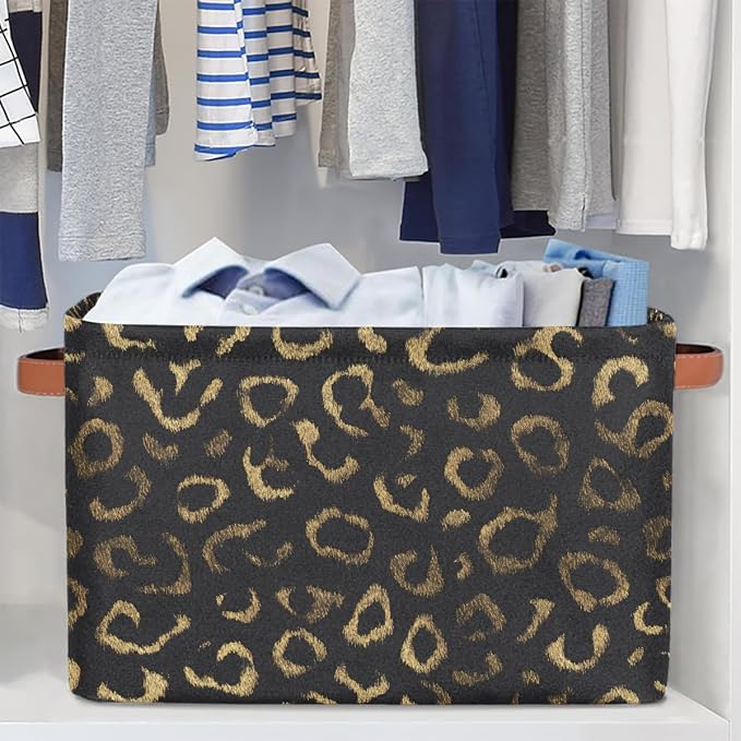 Pardick Black Gold Leopard Basket Storage Bins Large Fabric Toys Storage Cube Box with Handles Collapsible Closet Shelf Cloth Organizer Basket for Nursery Bedroom Bathroom Holiday Gift