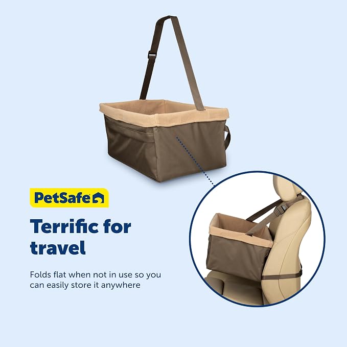 PetSafe Happy Ride Dog Booster Seat, Brown, Up to 25 Lb | Raises Small Dogs to Window Height In Most Cars, Connects to Seatbelt with Safety Tether, Fleece Liner Is Machine Washable
