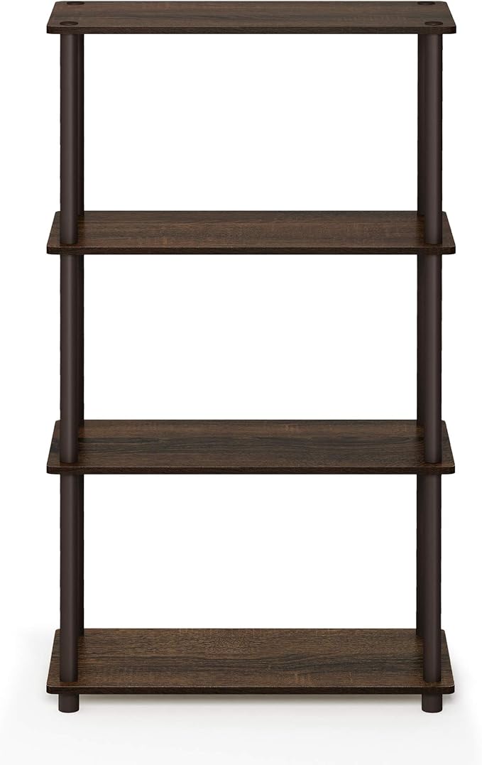 Furinno Turn-N-Tube Storage Shelves, 4-Tier Toolless Book Shelf, Corner Shelf, Open Shelves, for Organization and Storage, Living Room, Garage, Home Office, Walnut