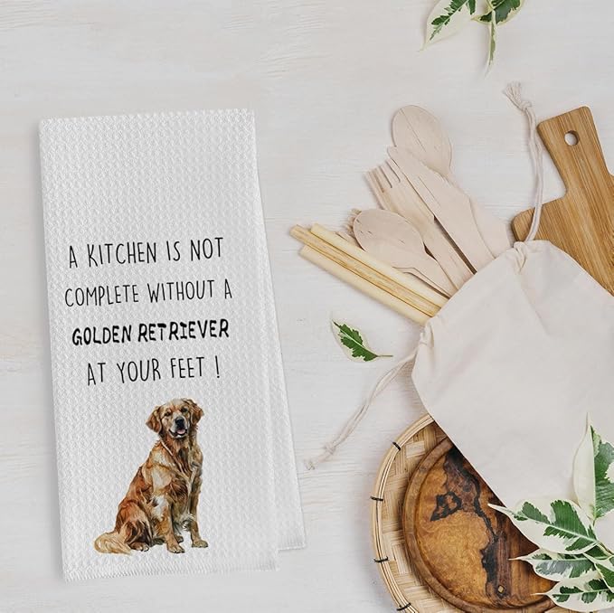 Golden Retriever Dish Towels Set - Golden Retriever Decorative Waffle Weave Kitchen Towels, Hand Tea Towels for Bathroom Kitchen (16×24 Inches Set of 2)