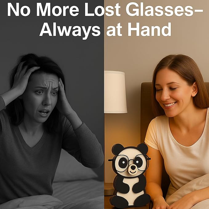 Panda Eyeglass Holder Stand, Wooden Glasses Organizer for Desk Decor | Cute animal glasses holder for eyeglasses and sunglasses, wooden panda desk organizer for nightstand, office or gifting