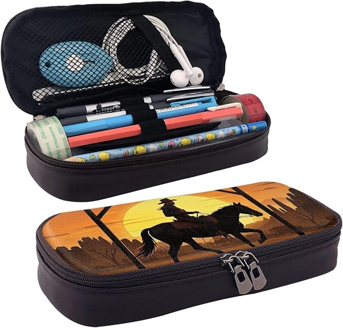 Leather Pen Case with Zipper - Aesthetic Pen Holder Cowboy Riding Ranch Desert Pencil Case for Women & Men - Handcrafted Pencil Bag Multi-Functional Travel Cosmetic Case for Work Office Tool Pouch