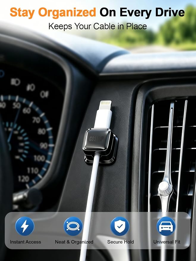 9 Pack Cord Organizer, Magnetic Cable Clips, Under Desk Management, Black | 0.27in Cable Compatible,Strong Adheive Wire Holder Keeper,Easy Open Phone Charger Holder for Home Car Desk Nightstand Office