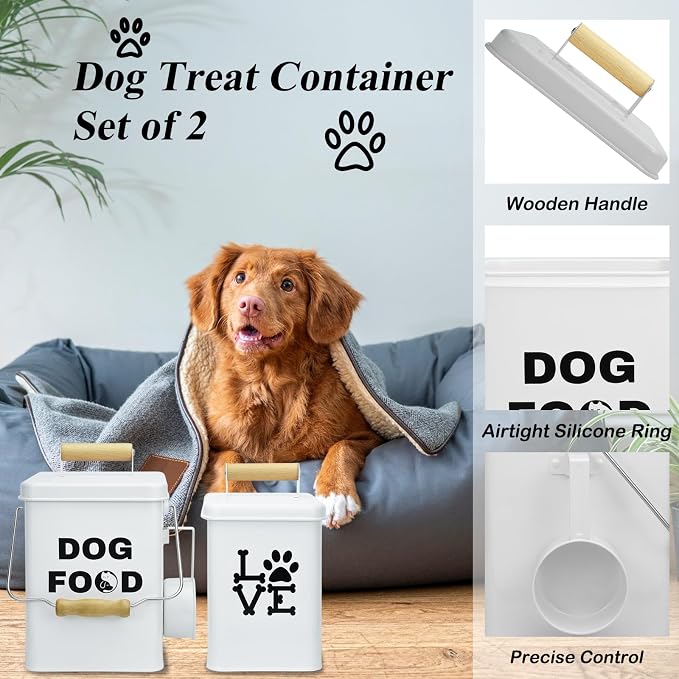 Dog Food Storage Container Set of 2 Dog Treat Container with Airtight Lids Dog Treat Jar with Scoop Metal Dog Food Holder with Wooden Handles for Kitchen Counter and Pantry Home Decor - Beige