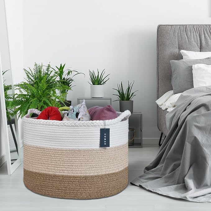 COMSE XXXLarge Woven Blanket & Laundry Basket, 87L, White & Gradient Brown | 21.7" x 13.8", Cotton Rope, Nursery Hamper for Storage of Toys Clothes Towels, Ideal for Living Room Bedroom Bathroom