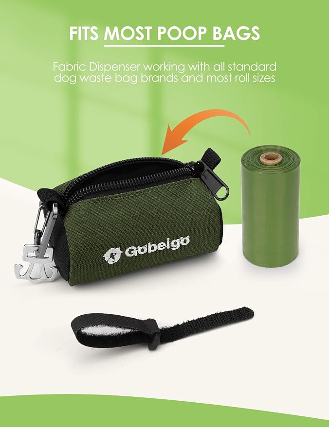 GGobeigo Dog Poop Bag Holder with Used Waste Bag Carrier(Army Green) | Large Opening for Easy Dispensing, Carabiner & Hook-and-Loop Strap Fits Any Leash, Includes 15 Unscented Waste Bags
