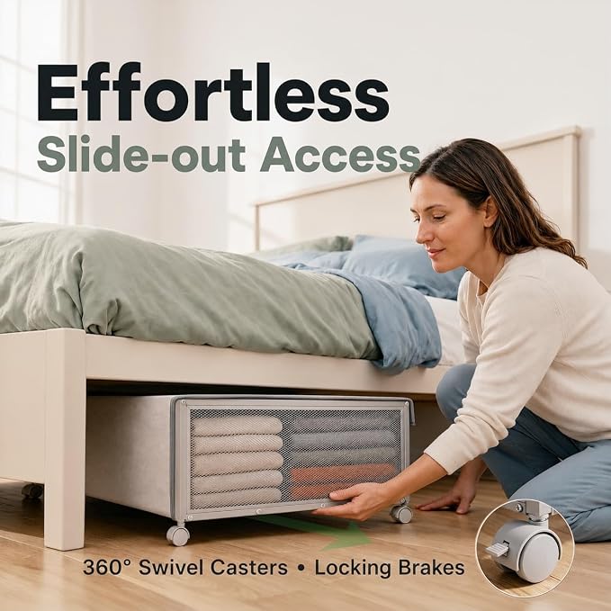 Fokyfok 2Pack Under Bed Storage Containers,10 inch Height,31 inch Long | Under Bed Shoe Storage,Underbed Storage with Wheels,Large Rolling under bed Clothes Storage Drawers,Lid,Dorm Tall,Grey