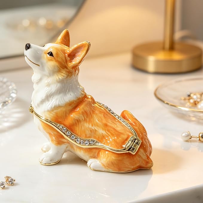 Hand Painted Rhinestone Welsh Corgi Enamel Trinket Box, Hinged Metal Vintage Jewelry Organizer